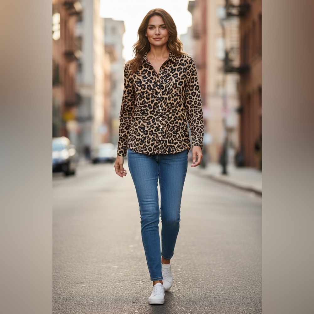 Jcpenney Leopard Print Button Down Silk Blouse Si… - image 1